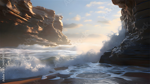 Beautiful Painting of Seashore with Mountains - Generative AI 