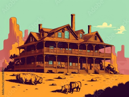 2D illustration. An old house in the desert. Generative AI