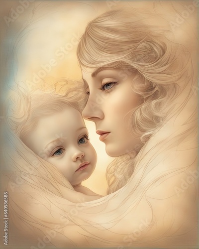 Mother and baby portrait illustrations
