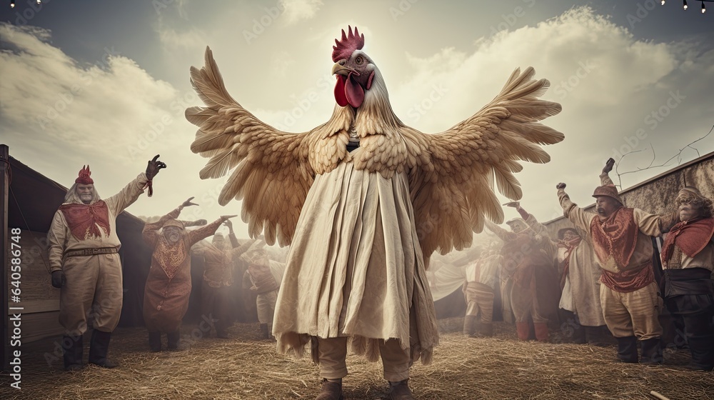 Fototapeta premium A hilarious enactment of a chicken in a cape and mask, embodying the 'SuperChicken' persona, attempting to 'fly' off a haystack, cheered on by an audience of awed farm animals