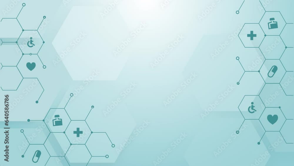 Medical background and healthcare technology with flat icons and symbols. Healthcare frame on blue looped background with hexagons. Animated motion graphics.