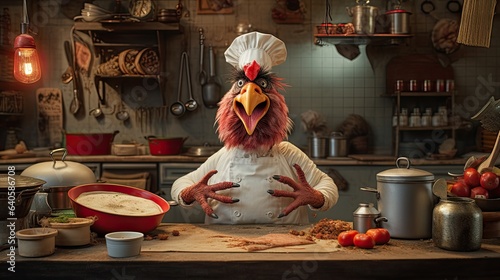 A chicken, adorned with a tiny chef hat, looking utterly confused amidst a setup of a mock cooking show, as it tries to figure out how to 'whisk' with its wings, while a tomato-faced pig watches © Filip