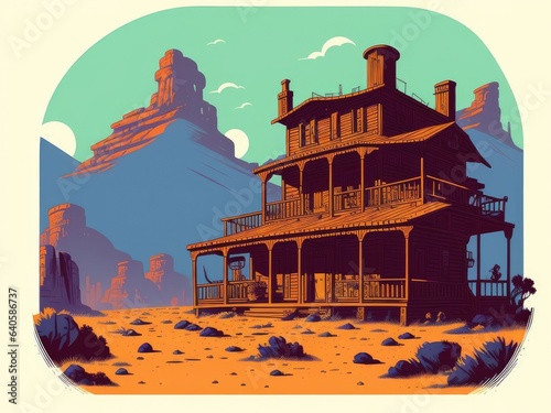 2D illustration. An old house in the desert. Generative AI