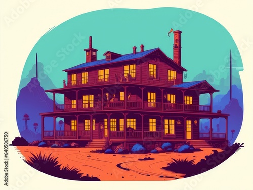 2D illustration. An old house in the desert. Generative AI