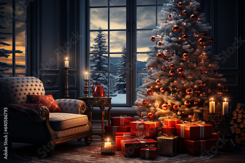 Generative AI - A cozy room in and old house decorated for Christmas and New Year celebration