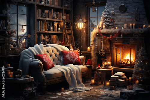 Generative AI - A cozy room in and old house decorated for Christmas and New Year celebration