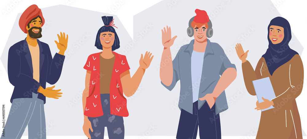 Obraz premium Multiracial characters group waving hands. Multiracial diversity and friendship concept.