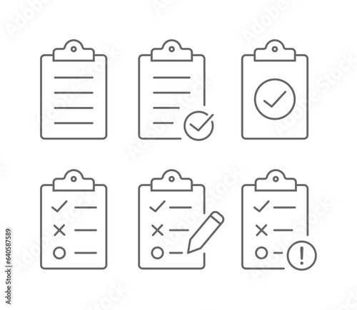 Checklist on the clipboard. Clipboard icon set. Check mark thin line icons. Document, exclamation mark, pencil, to do icon. Clipboard outline icons cut out. Checklist or tasks icon set illustration.