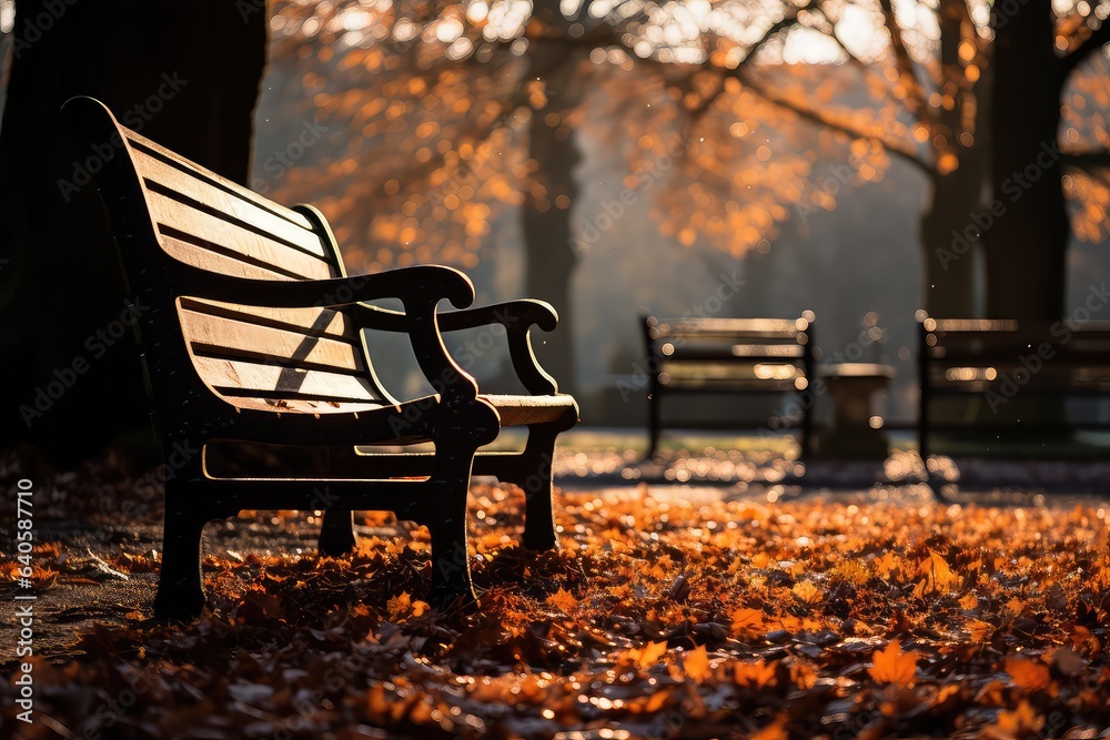 Bench in the park with fallen leaves on the ground at sunset. 