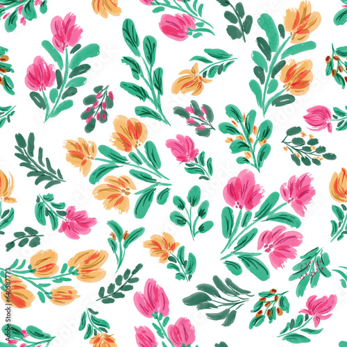 Seamless floral pattern with bright colorful flowers and leaves. Elegant template for fashion prints. Modern floral background. Fashionable folk style. Ethnic style. Ornament for clothes  accessories