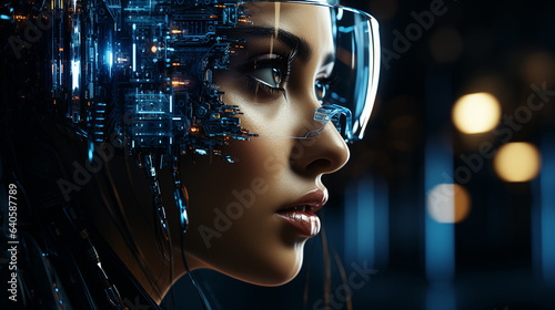 3d rendering of a female cyborg in virtual reality glasses.