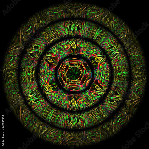 concentric zigzag snake-skin textured design on a dark background