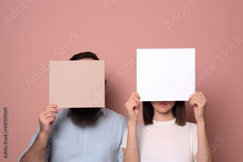 studio shot of an unrecognisable man and woman holding up a blank card photo