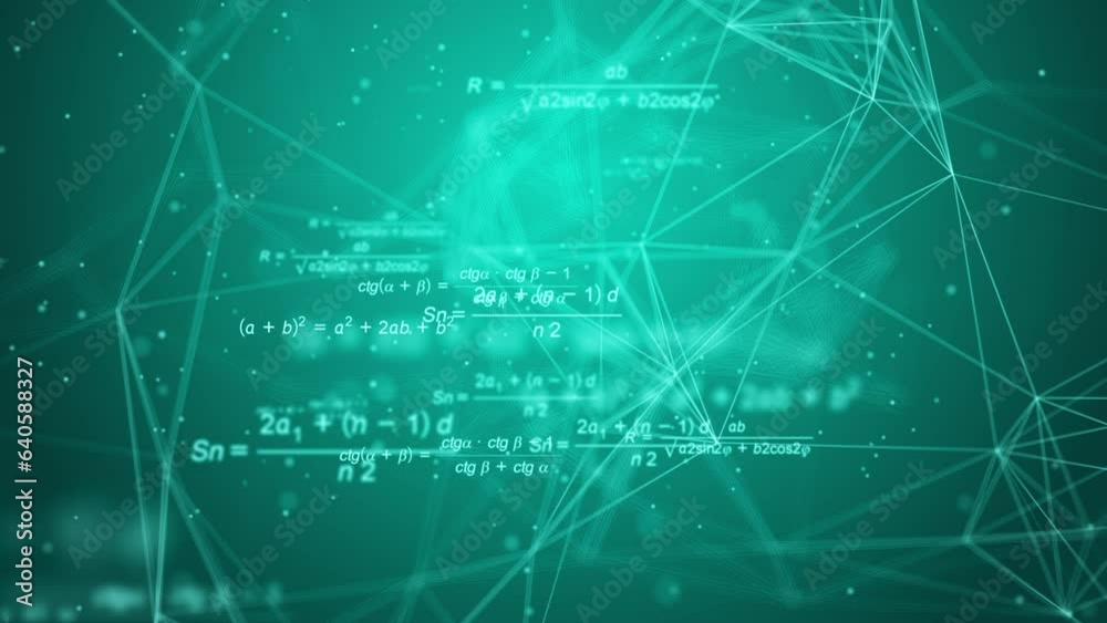 Mathematical formulas in space. Looped animation. Abstract green polygonal background with connecting dots and lines. Connection technology background.