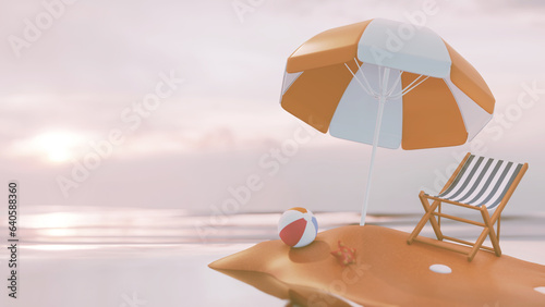 3d render Beach Chair, Yellow Umbrella and Ball, Summer holiday, Time to travel concept. 3d rendering illustration