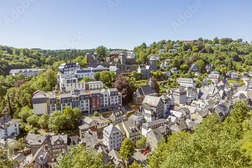 View over Monschau and the valley of the Rur river with the Monschau castle in the background