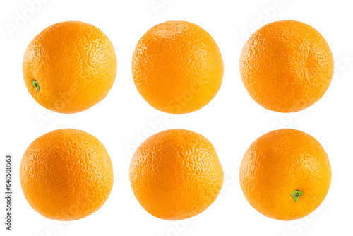 Juicy oranges collection. Whole fruits closeup, different sides, isolated on white background, studio. Tropical fresh citrus fruits as design element for advertising, card, poster.