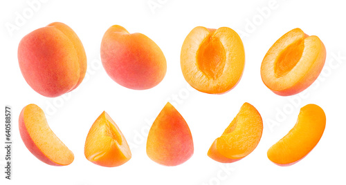 Ripe orange apricots with pink side - rich set isolated on white background, whole and cut on half, pieces, different sides, closeup, details. Summer fresh natural fruits as design elements.