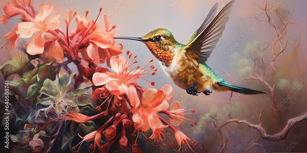 Fototapeta premium Rufous hummingbird eats crocosmia flowers, beautiful bird