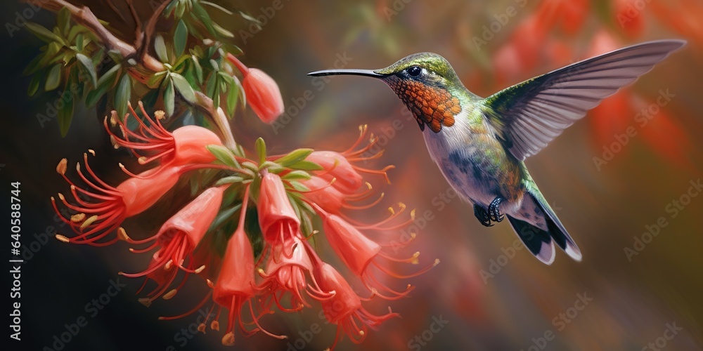 Fototapeta premium Rufous hummingbird eats crocosmia flowers, beautiful bird