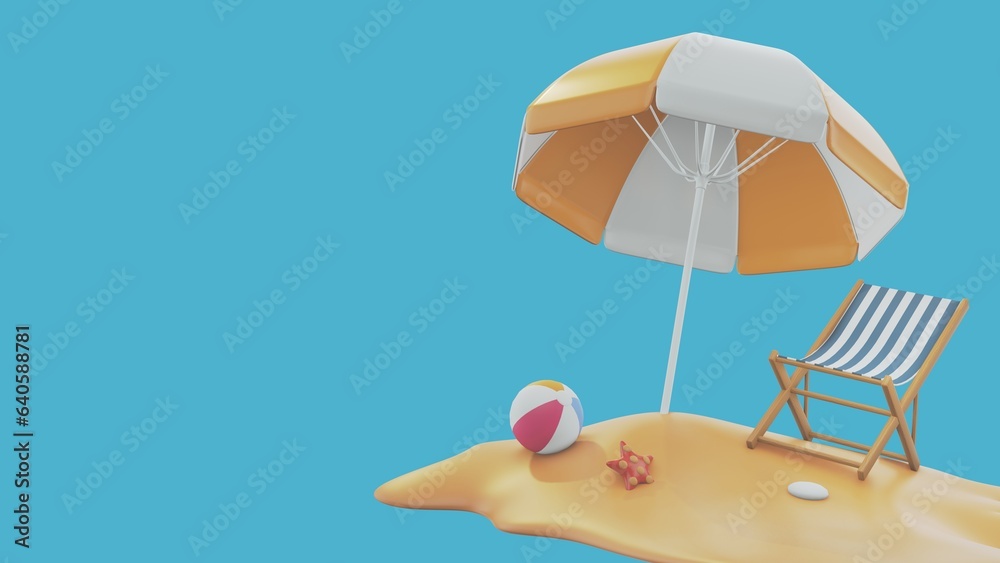 3d render Beach Chair, Yellow Umbrella and Ball, Summer holiday, Time to travel concept. 3d rendering illustration