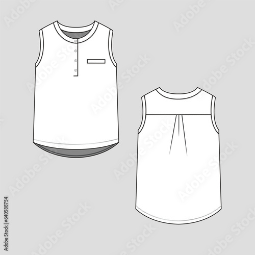 Womens sleeveless top fashion henley button panel with pocket vest dip high low dip hem top t shirt flat sketch technical drawing cad template design vector