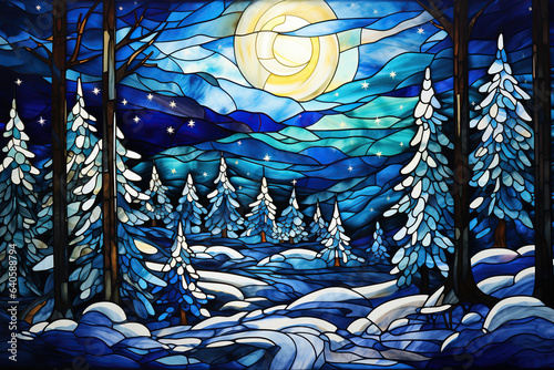 beautiful stained glass winter night scene with snow covered trees and stars