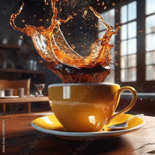 A cup of coffee with splashes on the bar. Generative AI