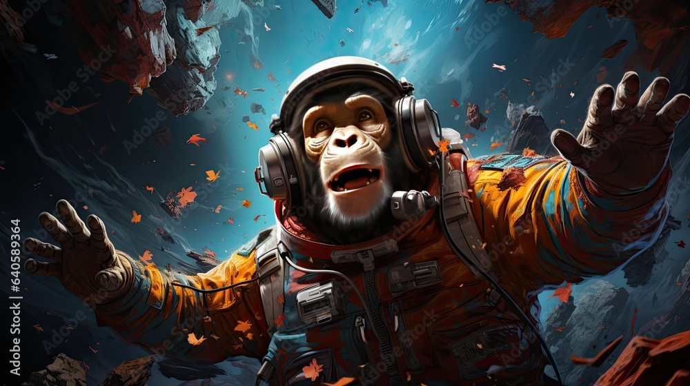 Obraz premium A mischievous chimp, donning a shimmering astronaut helmet, floats amidst bright stars and galaxies, curiously reaching out to touch a passing comet.