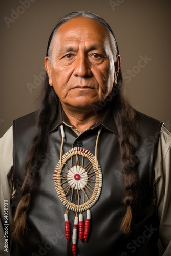 Native American man portrait in studio on white background. Indigenous male headshot in traditional clothing