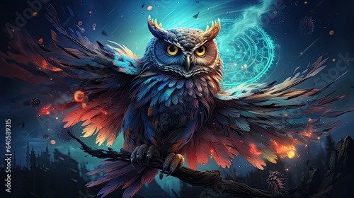 A curious owl, with majestic wings spread, floats before a glowing full moon, with a planet's ring casting hues of color across the celestial backdrop.
