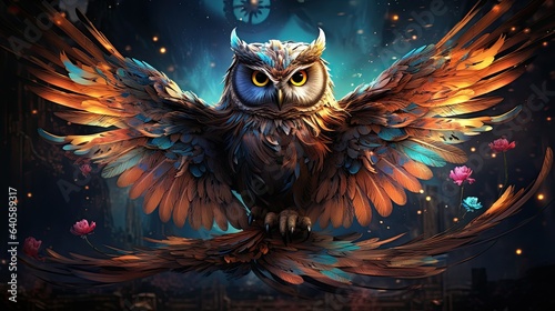 A curious owl, with majestic wings spread, floats before a glowing full moon, with a planet's ring casting hues of color across the celestial backdrop. © Filip