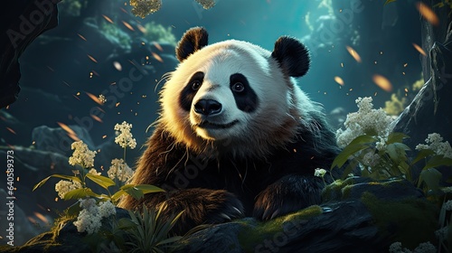 A tranquil panda, meditatively floating in space, munches on luminous bamboo, its calm demeanor in stark contrast to the dynamic backdrop of shooting stars photo