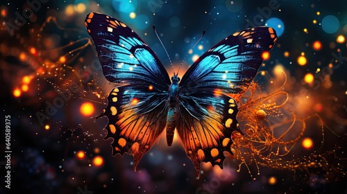 A vibrant butterfly, its wings shimmering like a galaxy, gracefully dances around a radiant star, leaving a trail of stardust © Filip
