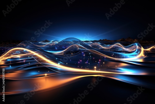 abstract blue wave on the sea and city skyline at night illustration. 