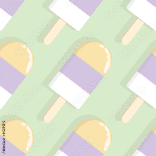 Vector. Seamless Pattern. Close up colorful ice cream sticks on pastel green color background.