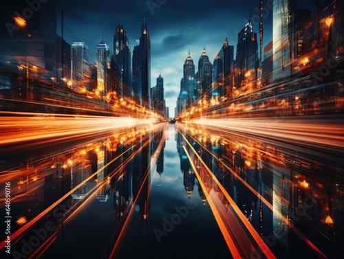 The light trails on the modern building background. Rainy city street at night with light trails and bokeh. 