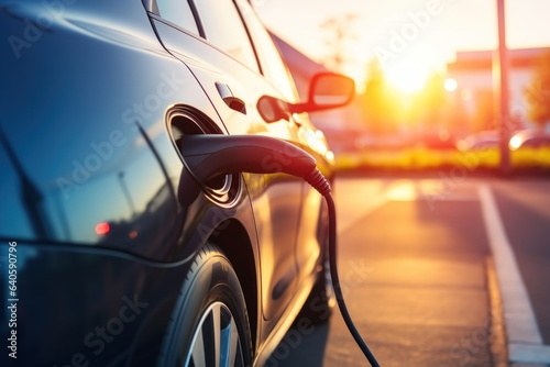 Electric car at Cloud Blue Sky City with battery charging station © Attasit