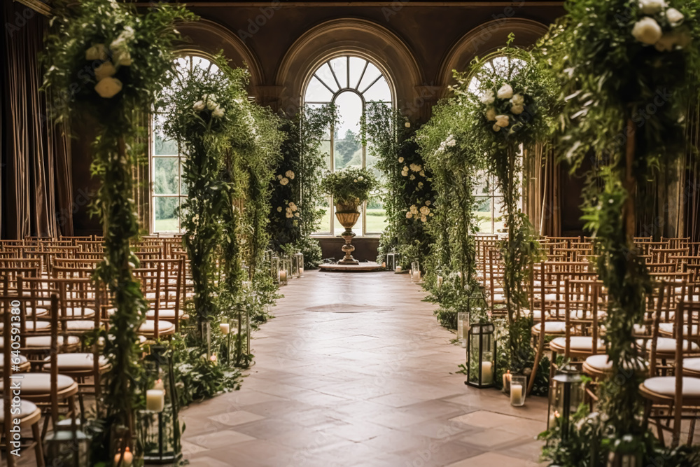 Wedding aisle, floral decor and marriage ceremony, autumnal flowers and venue decoration in the English countryside estate mansion, autumn country style
