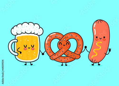 Cute, funny happy glass of beer, pretzel and sausage with mustard. Vector hand drawn cartoon kawaii characters, illustration. Funny cartoon glass of beer, pretzel and sausage mustard mascot friends