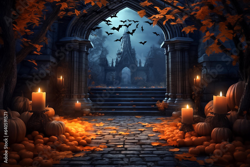 Beautiful Halloween horizontal composition  holiday background with a castle  bats  pumpkins and candles. Darkness backrdop in blue and orange colors. Generative AI