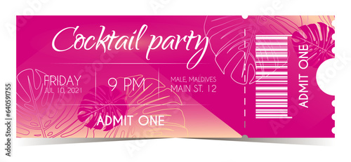 Cocktail summer party vintage pink and yellow colored vector tickets for admit one	