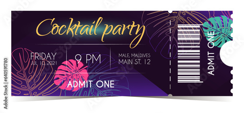 Cocktail summer party vintage black, pink and purple colored vector tickets for admit one	