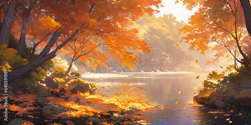 Anime forest lake Autumn colors background woodland backdrop  Generated AI