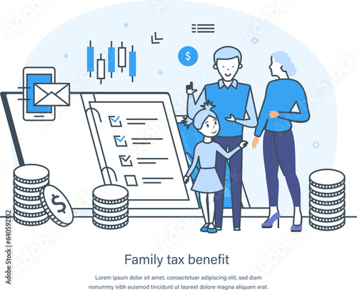 Family tax benefit, money support for raising children and insurance. Social security benefits, child care experience deduction, care tax credit, tax deduction thin line design of vector doodles
