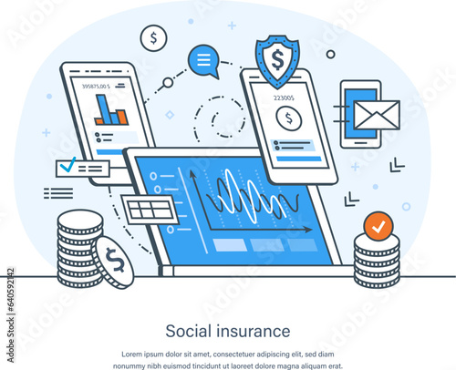 Social insurance, occupational and industrial accidents coverage, maternity, retirement insurance. Sick leave, medical expenses, healthcare, unemployment, income loss thin line design vector doodles