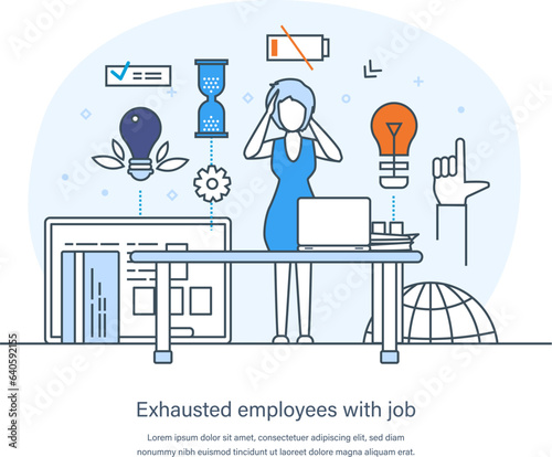 Exhausted employee with job, professional burnout syndrome, work overload. Exhausted, tired, boring woman manager with low energy battery sitting at table in office thin line design of vector doodles