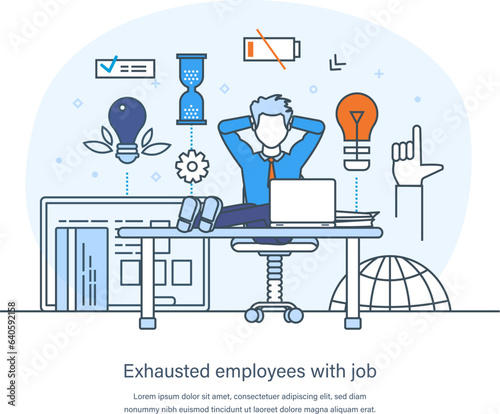 Exhausted employee with job, professional burnout syndrome, work overload. Exhausted, tired, boring male manager with low energy battery sitting at table in office thin line design of vector doodles