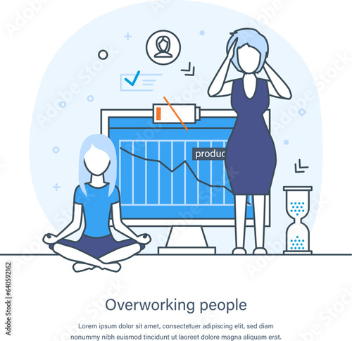 Overworking people, professional burnout syndrome, overload, deadline concept. Frustrated depressed businesswoman and happy energetic businessman working in office thin line design of vector doodles