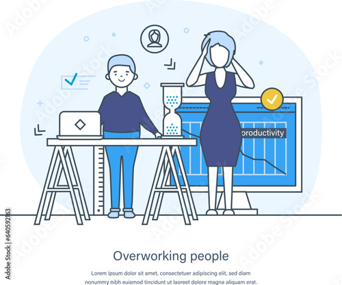 Overworking people, professional burnout syndrome, overload, deadline concept. Frustrated depressed businesswoman and happy energetic businessman working in office thin line design of vector doodles